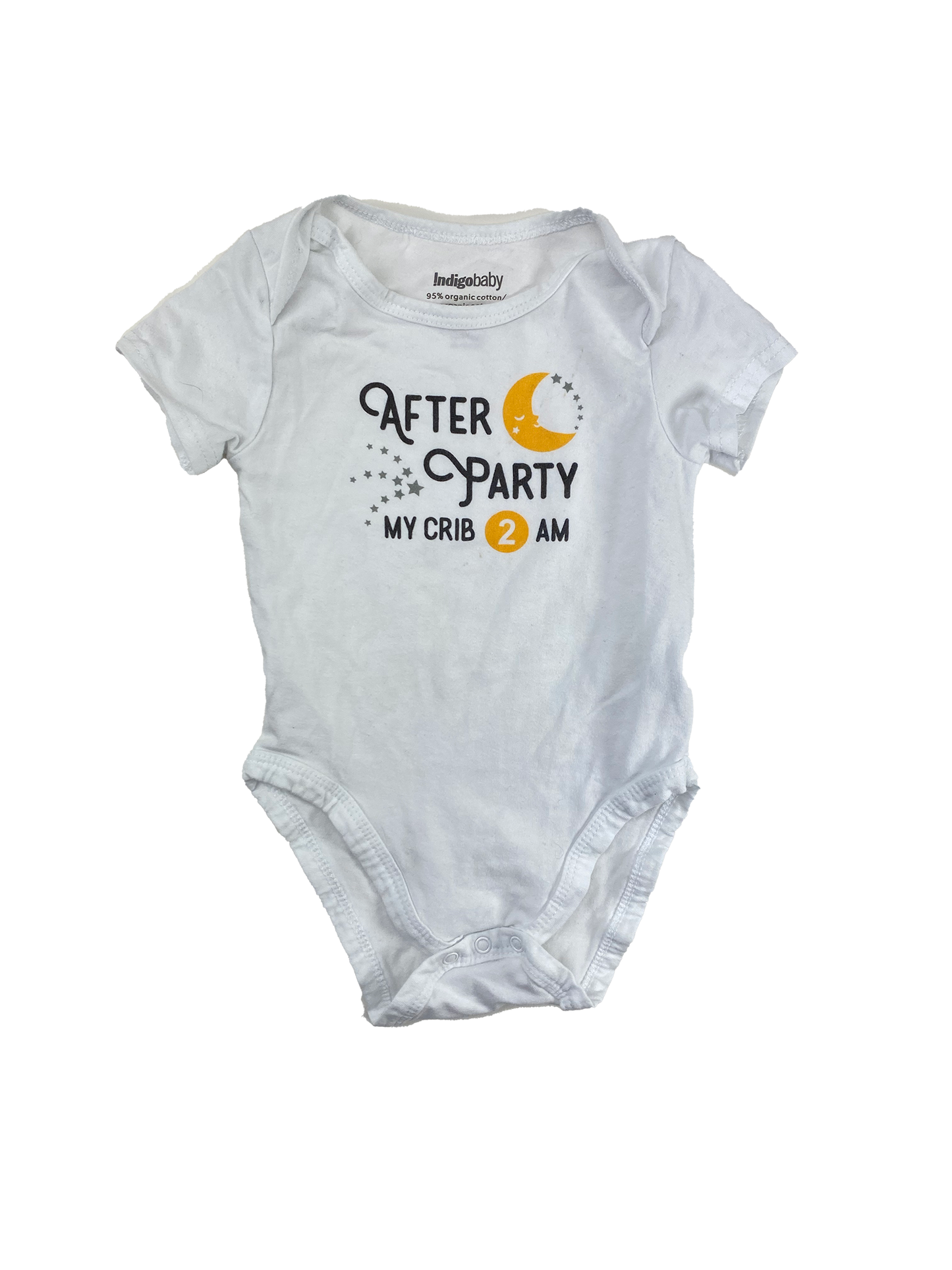 ❗️Stained: Indigo Baby White Onesie "After Party My Crib 2AM"  6-12M