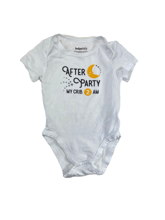 ❗️Stained: Indigo Baby White Onesie "After Party My Crib 2AM"  6-12M