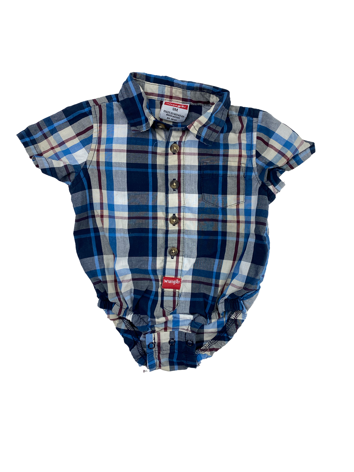 Wrangler Navy Plaid Short Sleeve Button-Up Onesie 9M