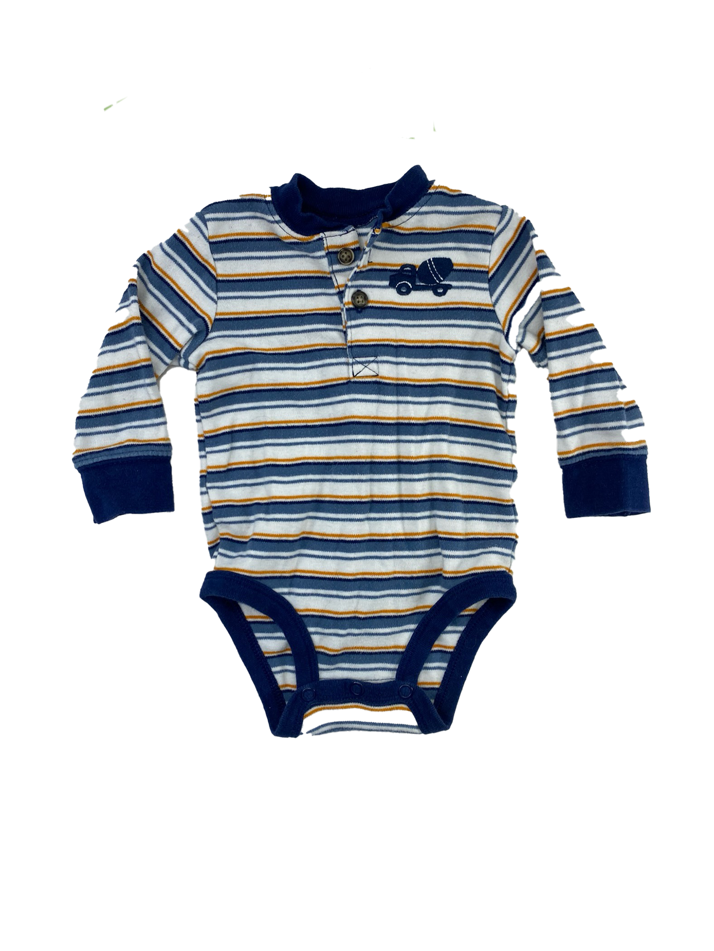 Blue Striped Long Sleeve Onesie with Construction Truck 0-3M