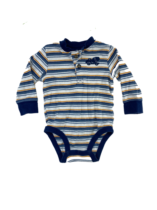 Blue Striped Long Sleeve Onesie with Construction Truck 0-3M