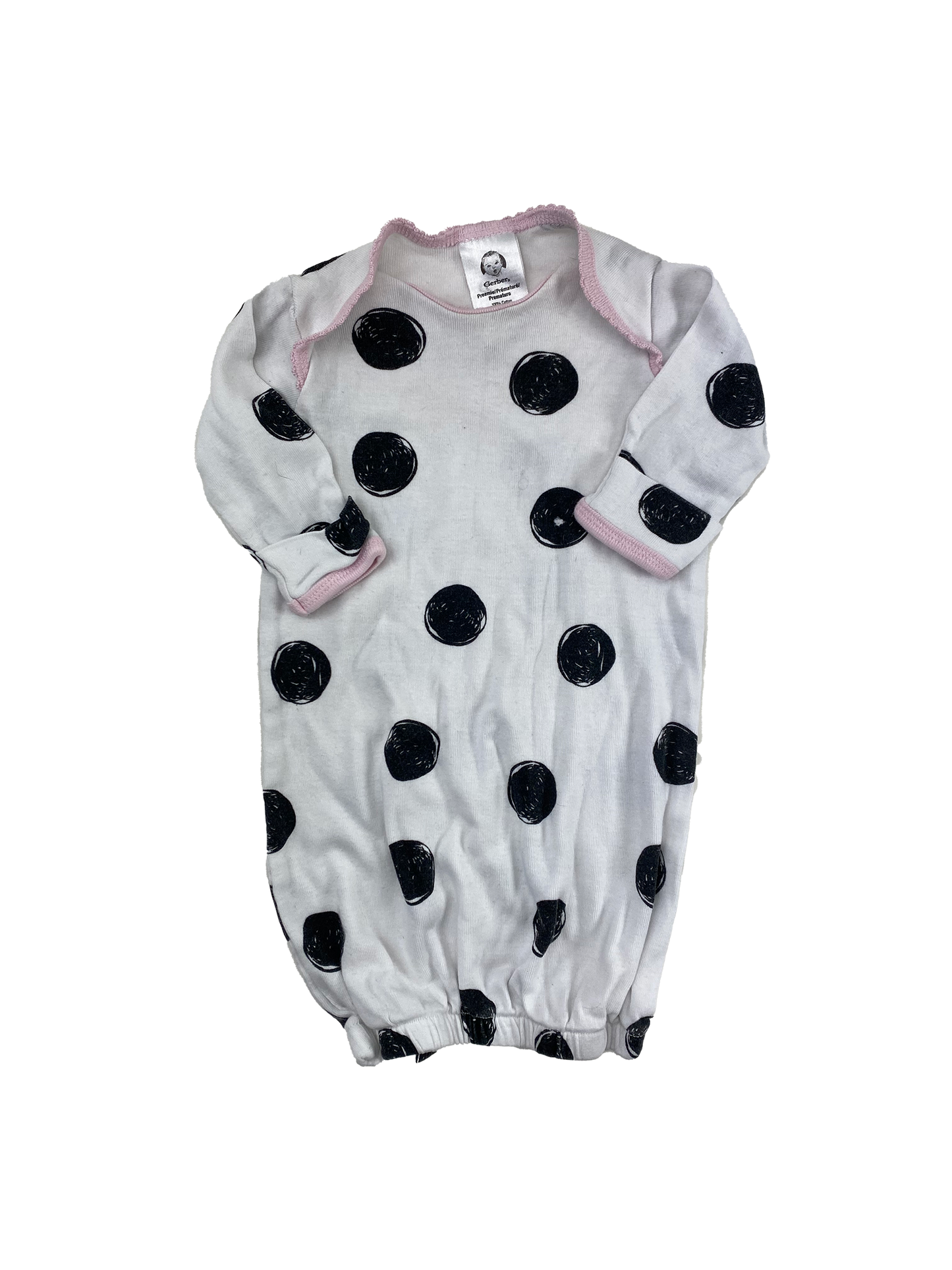 Gerber White Sleep Gown with Black Dots Premie