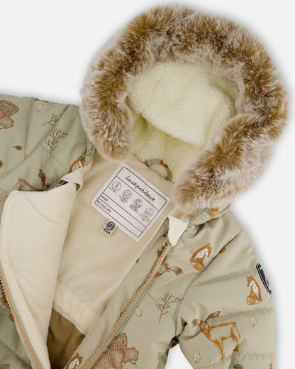 One-Piece Baby Layette Snowsuit Designed For Car Seat Green Animal Print