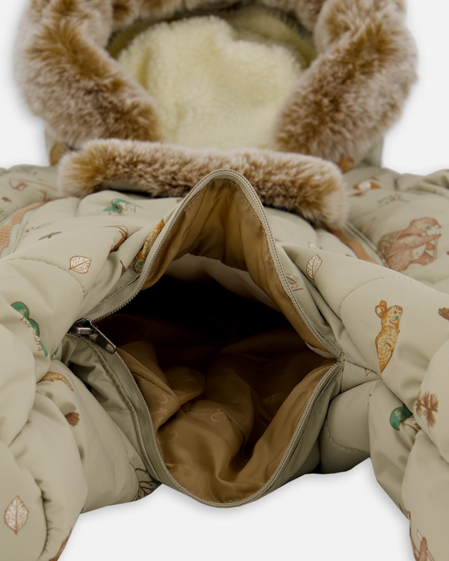 One-Piece Baby Layette Snowsuit Designed For Car Seat Green Animal Print