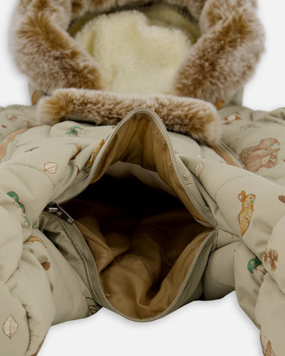 One-Piece Baby Layette Snowsuit Designed For Car Seat Green Animal Print