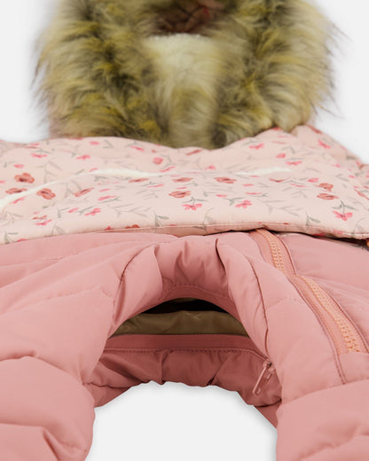 One-Piece Baby Snug Snowsuit Designed For Car Seat Pink Mini Flowers
