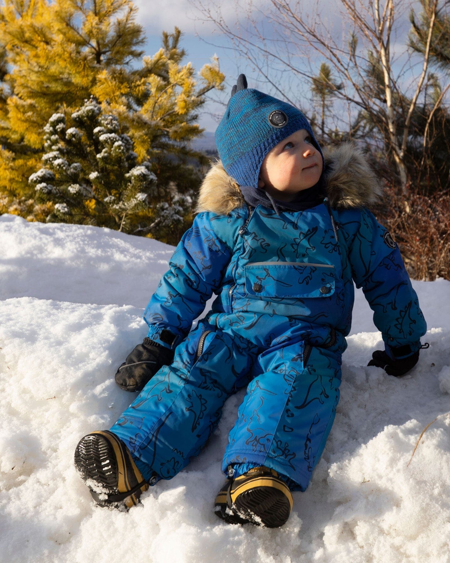 One-Piece Baby Play Snowsuit Designed For Car Seat Blue Gradient Dinosaur Print