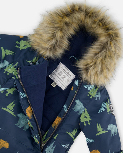 One-Piece Baby Play Snowsuit Designed For Car Seat Navy Animal Print