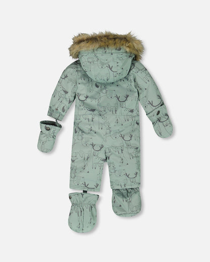 One-Piece Baby Play Snowsuit Designed For Car Seat Sage Animal Print