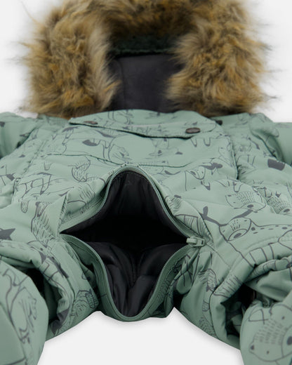 One-Piece Baby Play Snowsuit Designed For Car Seat Sage Animal Print