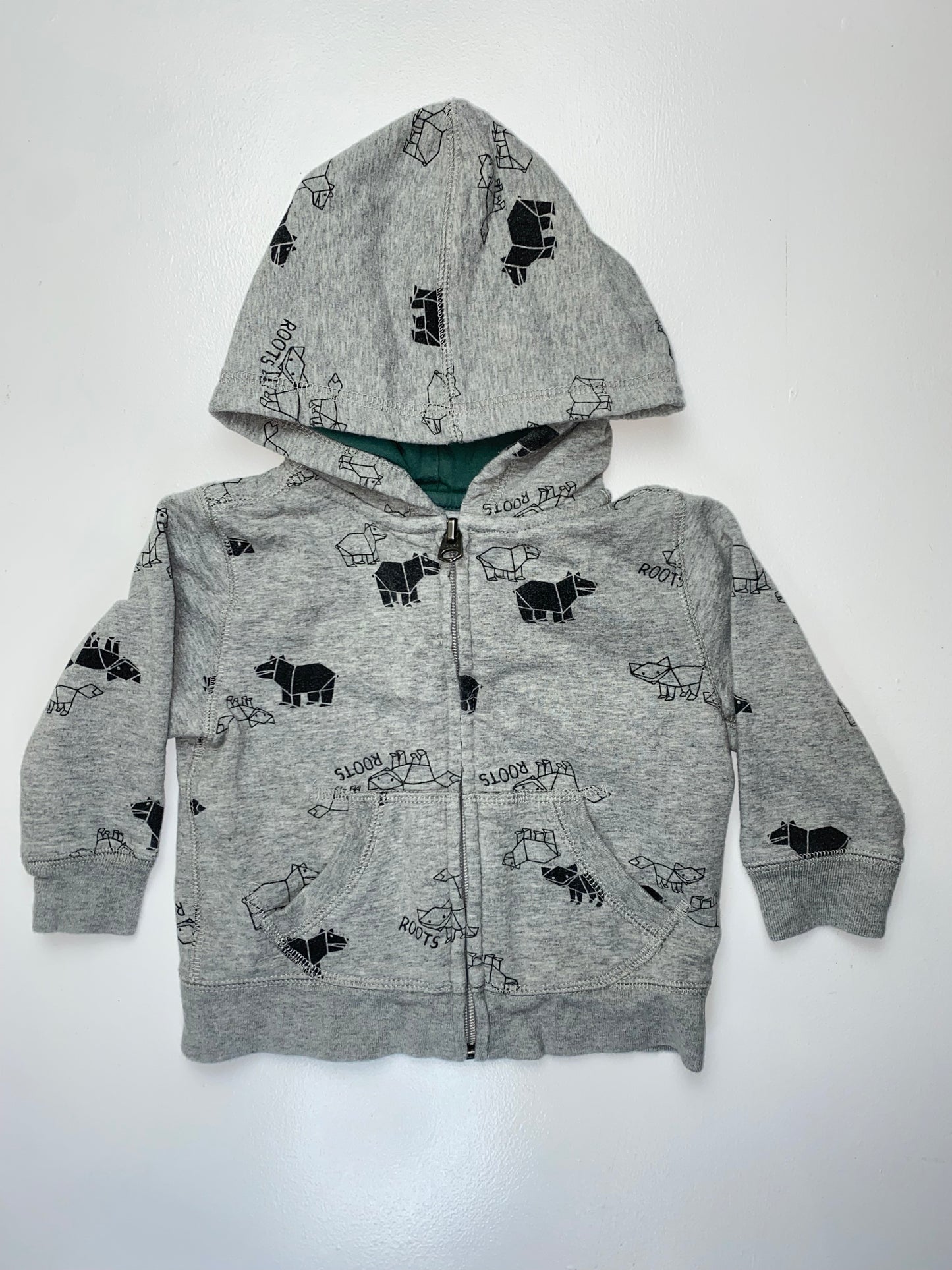 Roots Grey Hooded Zip-Up with Geometric Bears 12-18M