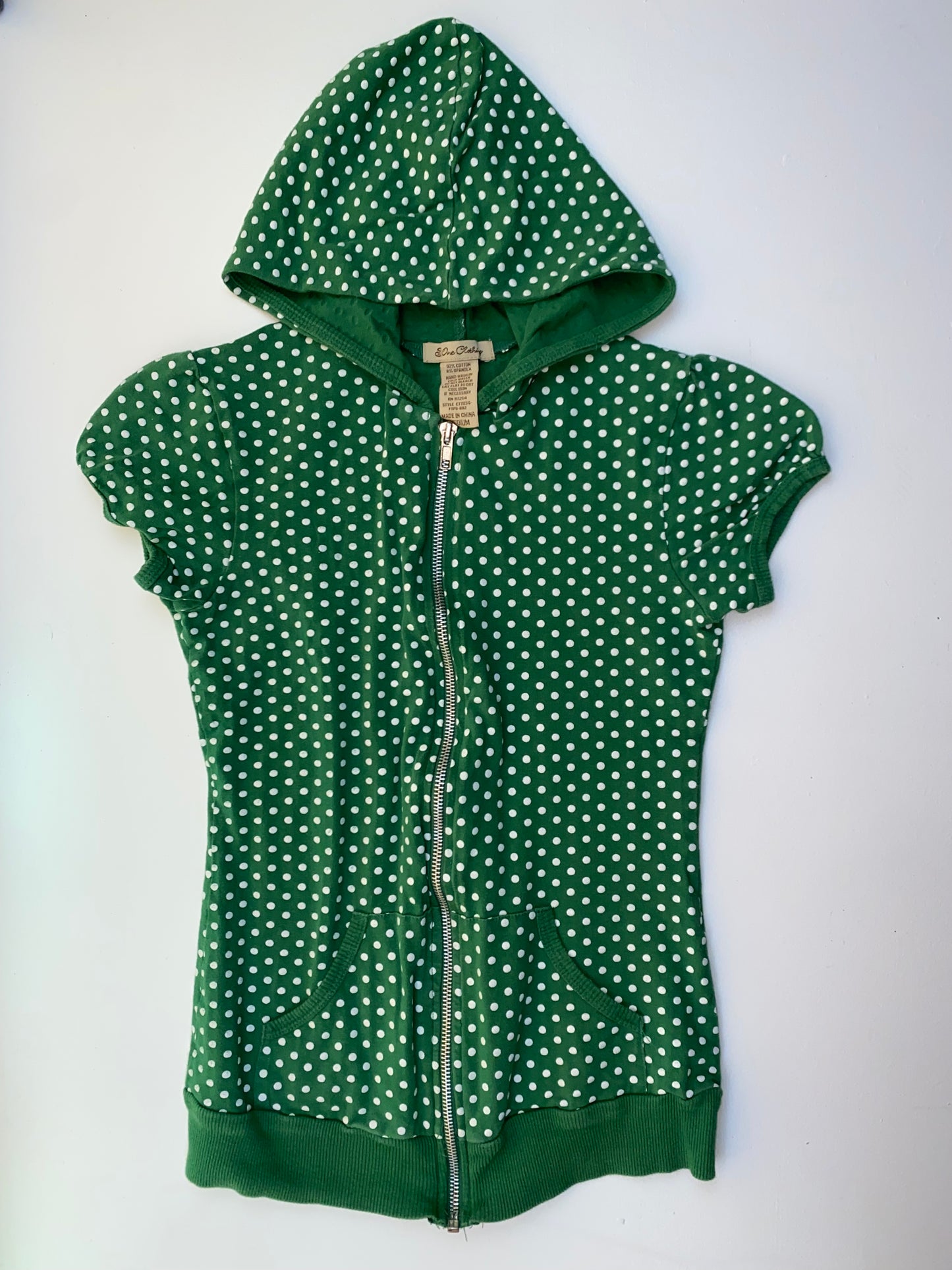 Green Hooded Short Sleeve Zip-Up with White Polka Dots 8