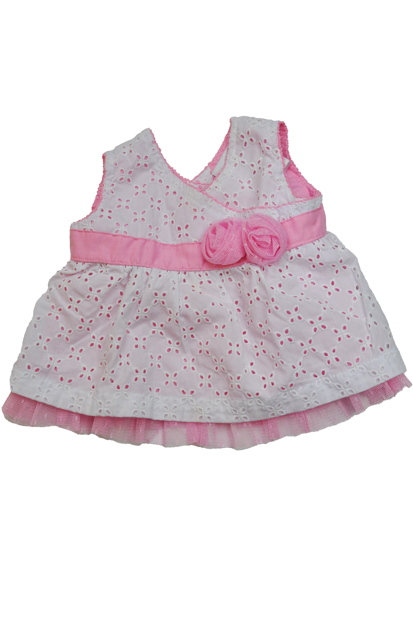 Sugar Cookies White Eyelet Dress with Pink Tulle Flowers 0-3M