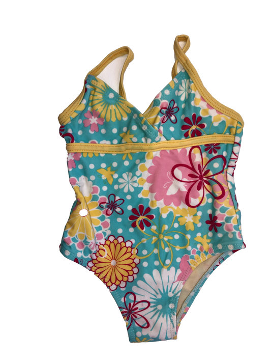 Athletic Works Teal Floral Bathing Suit with Yellow Trim 12M