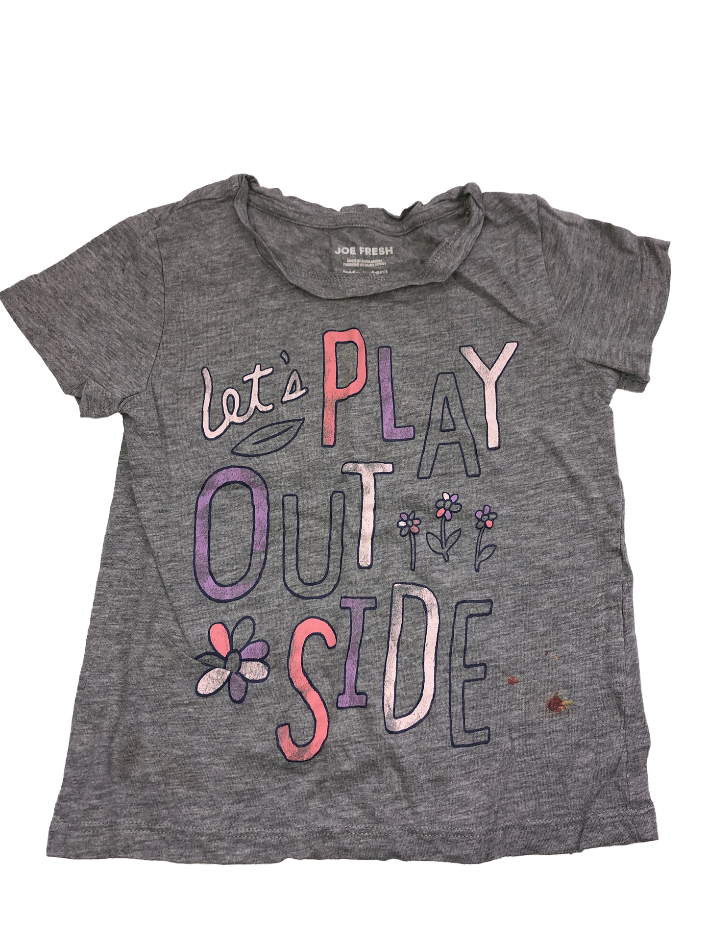 ❗️Stained: Joe Fresh Grey T-Shirt with "Let's Play Outside" 4T