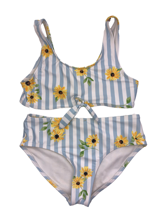 Old Navy Blue & White Striped Bikini with Flowers 10-12