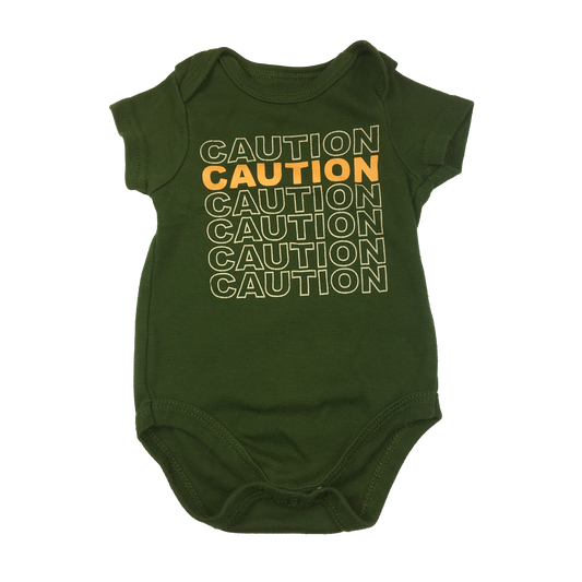 Monkey Bars Green Onesie with "Caution" 6-9M