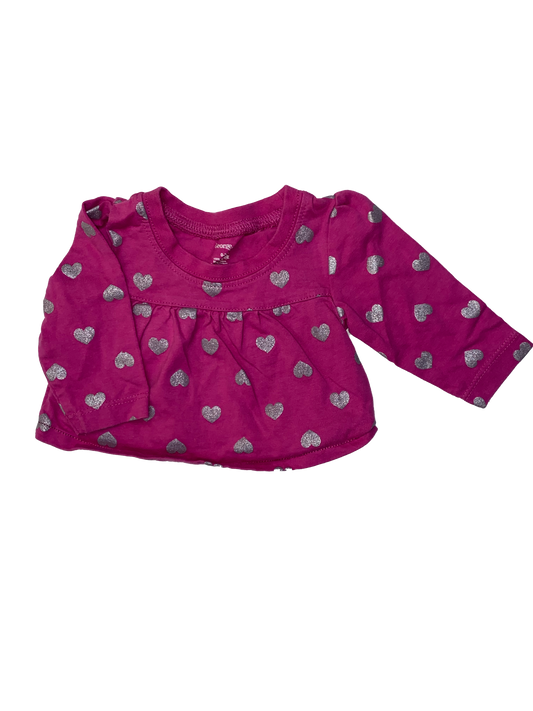 George Pink Long Sleeve with Silver Hearts 0-3M