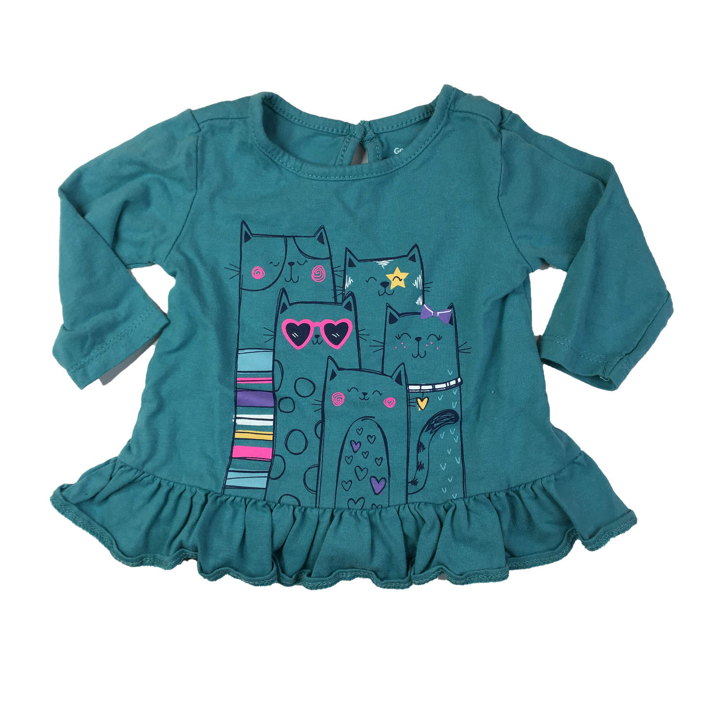 George Teal Long Sleeve Shirt with Cats 0-3M