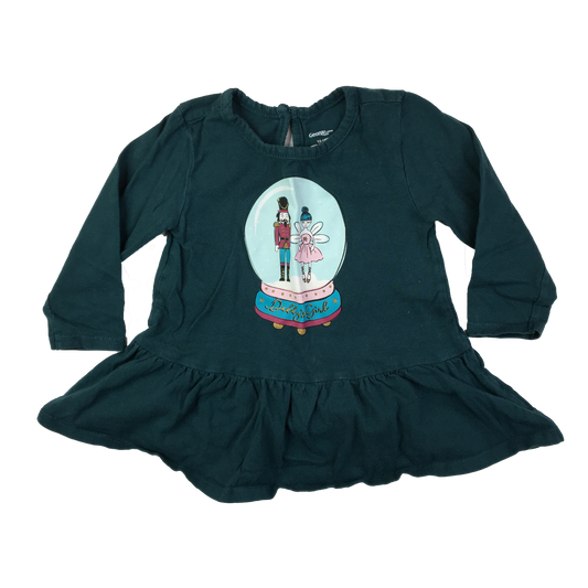 George Dark Green Long Sleeve Shirt with Snow Globe 12-18M