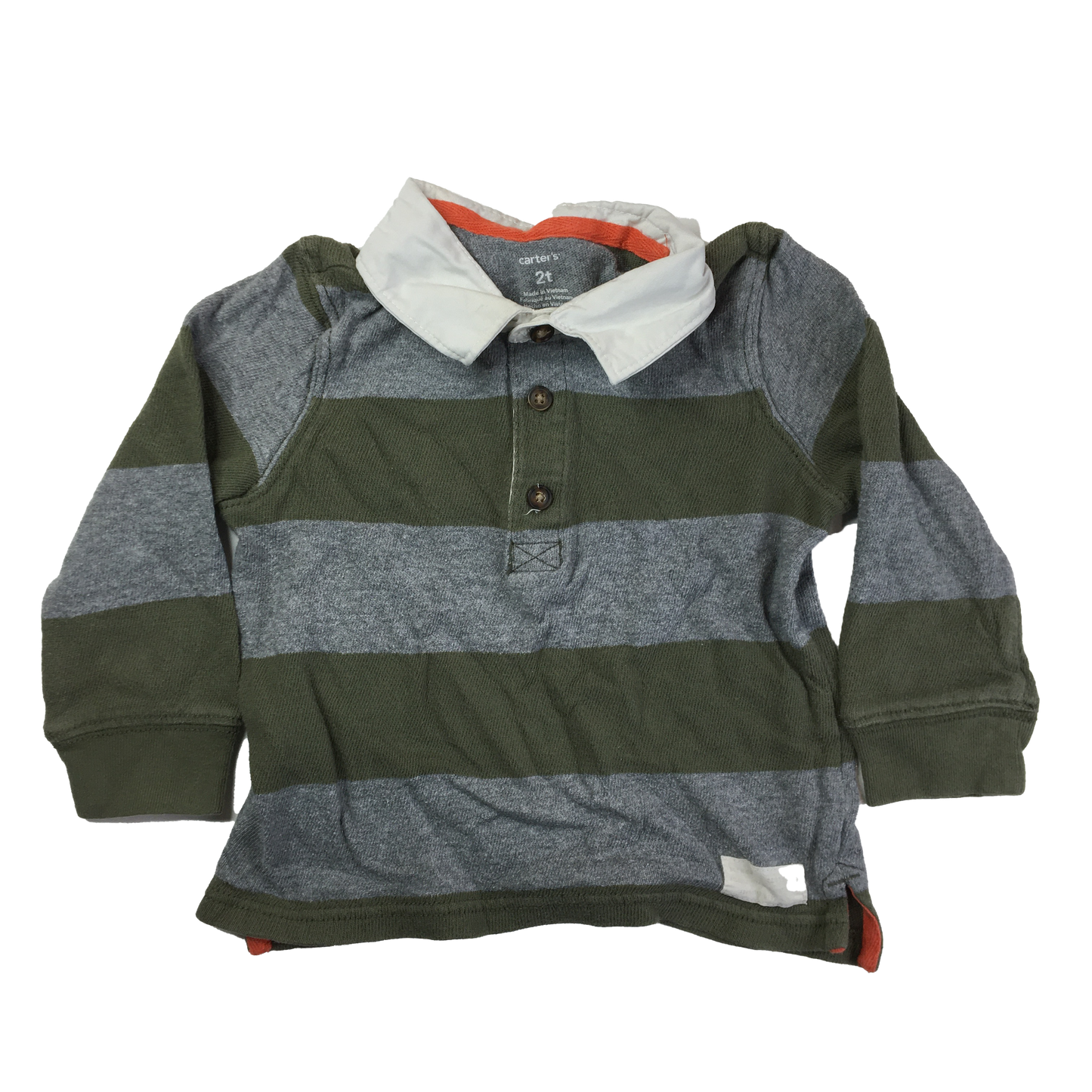 Carter's Grey & Green Striped Collared Long Sleeve 2T