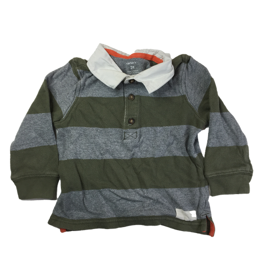 Carter's Grey & Green Striped Collared Long Sleeve 2T