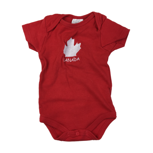 Red Onesie with Embroidered "Canada" Maple Leaf 6-9M