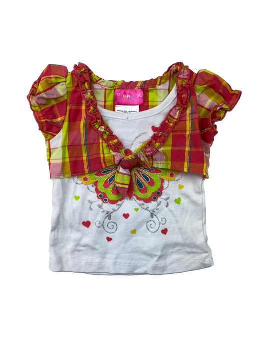 Penny M White T-Shirt with Plaid Wrap with Butterfly 6-9M